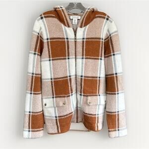 Rachel Zoe Plaid Zip Jacket w/ Hood Orange White Ultra Cozy Fall Layer Size M